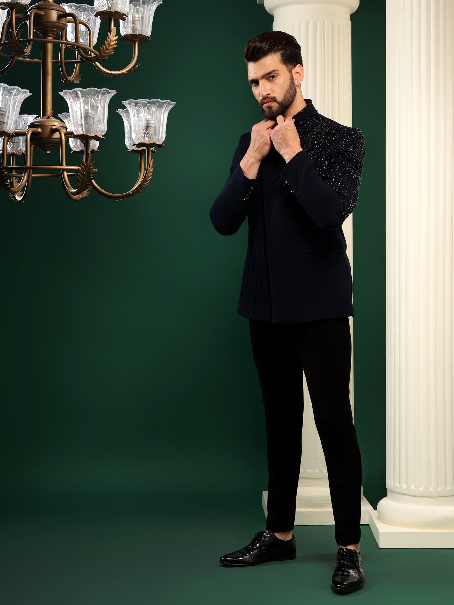 MIDNIGHT NAVY BLUE BANDHGALA SUIT WITH DESIGNER PANEL