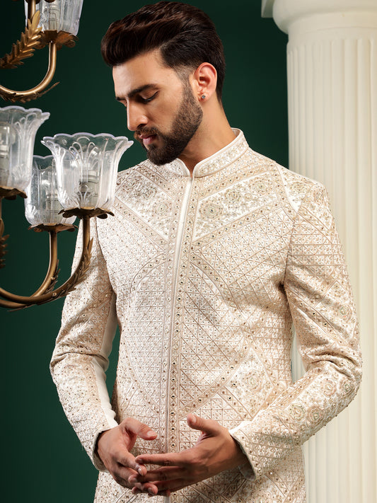 SUBTLE CREAM BIEGE PATTERNED EMBROIDERY SHERWANI SET