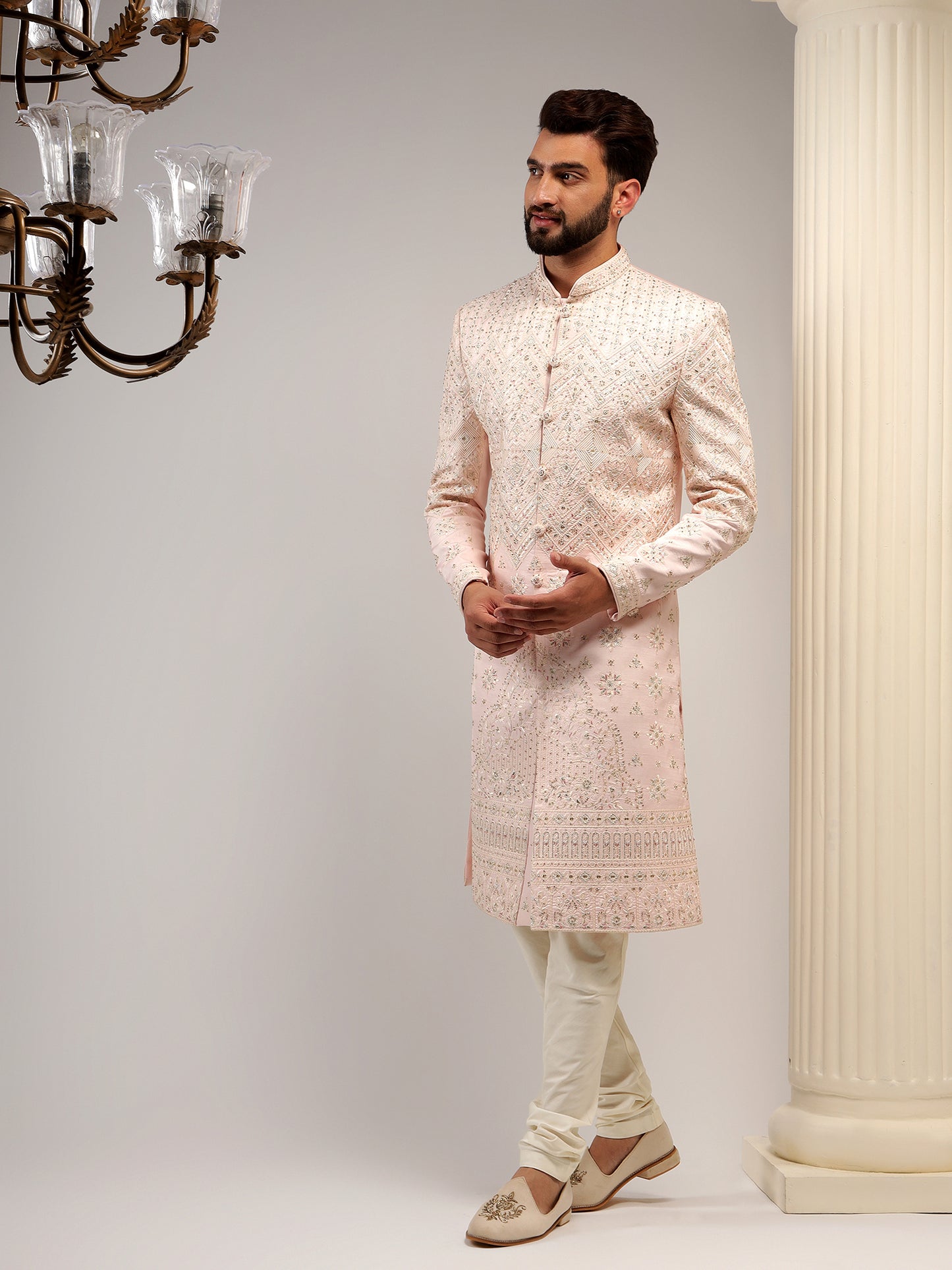 HAND EMBROIDERED RAW SILK LIGHT PINK SHERWANI SET