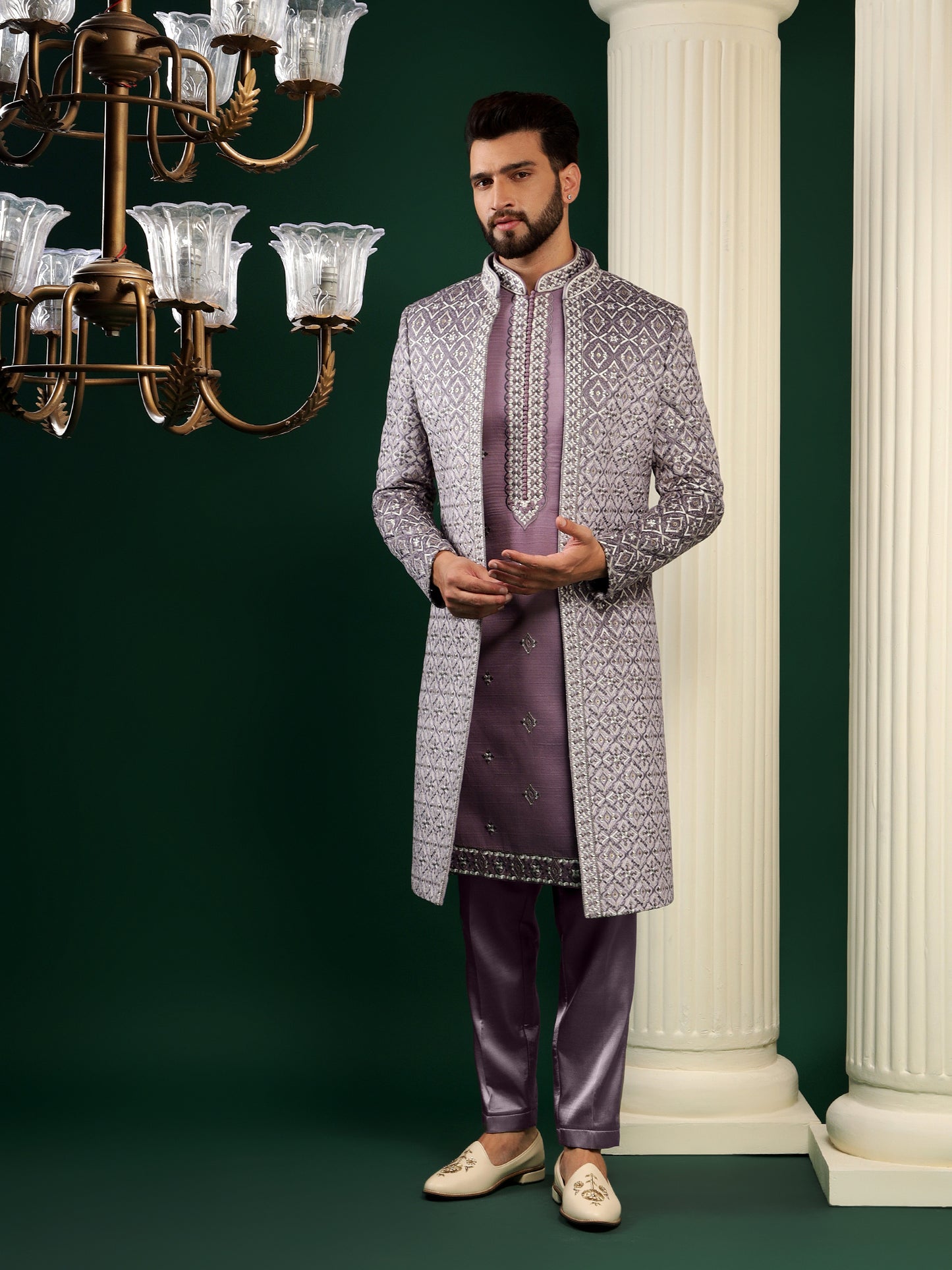 MAUVE PURPLE PHULKARI PATTERNED INDOWESTERN SET