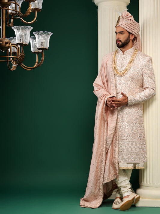 POWDER PINK RAW SILK SHERWANI SET