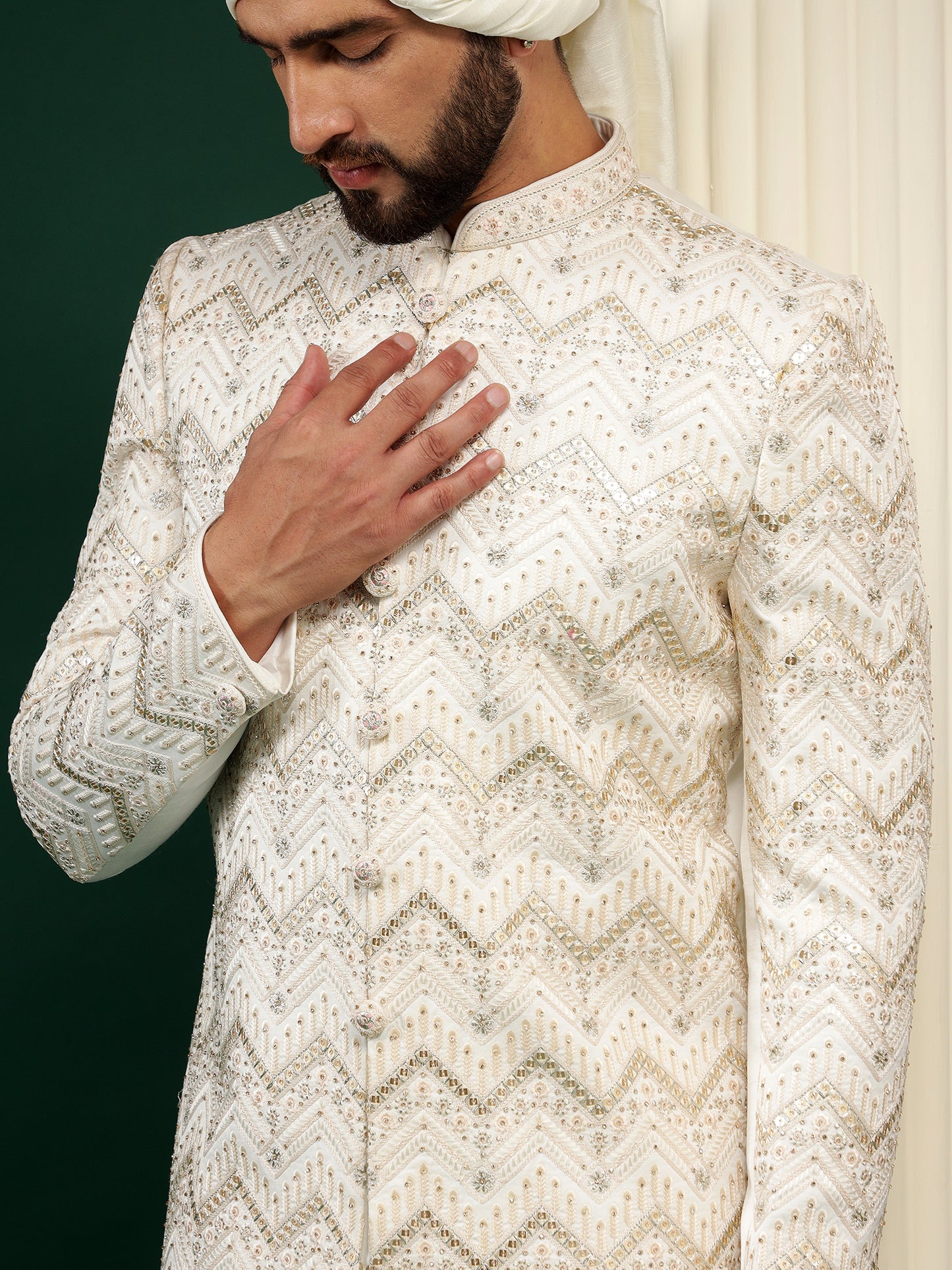 LIGHT CREAM SHERWANI WITH SELF PATTERN EMBROIDERY