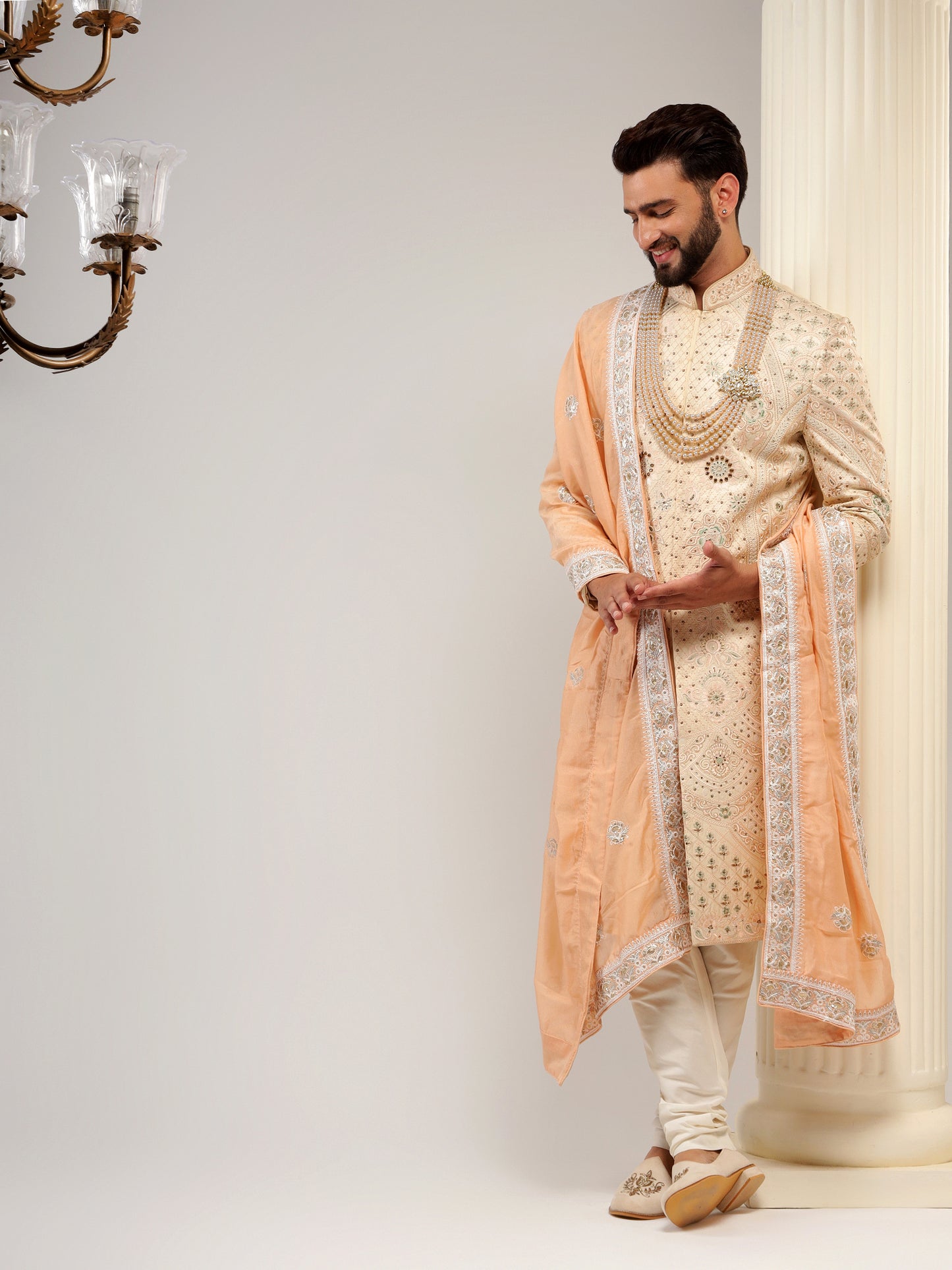 CONTEMPORARY PEACH COLOR DESIGNER SHERWANI SET