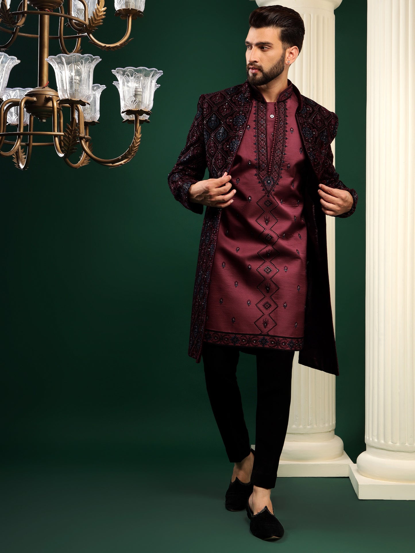 DEEP WINE STONE EMBELLISHED INDOWESTERN SET