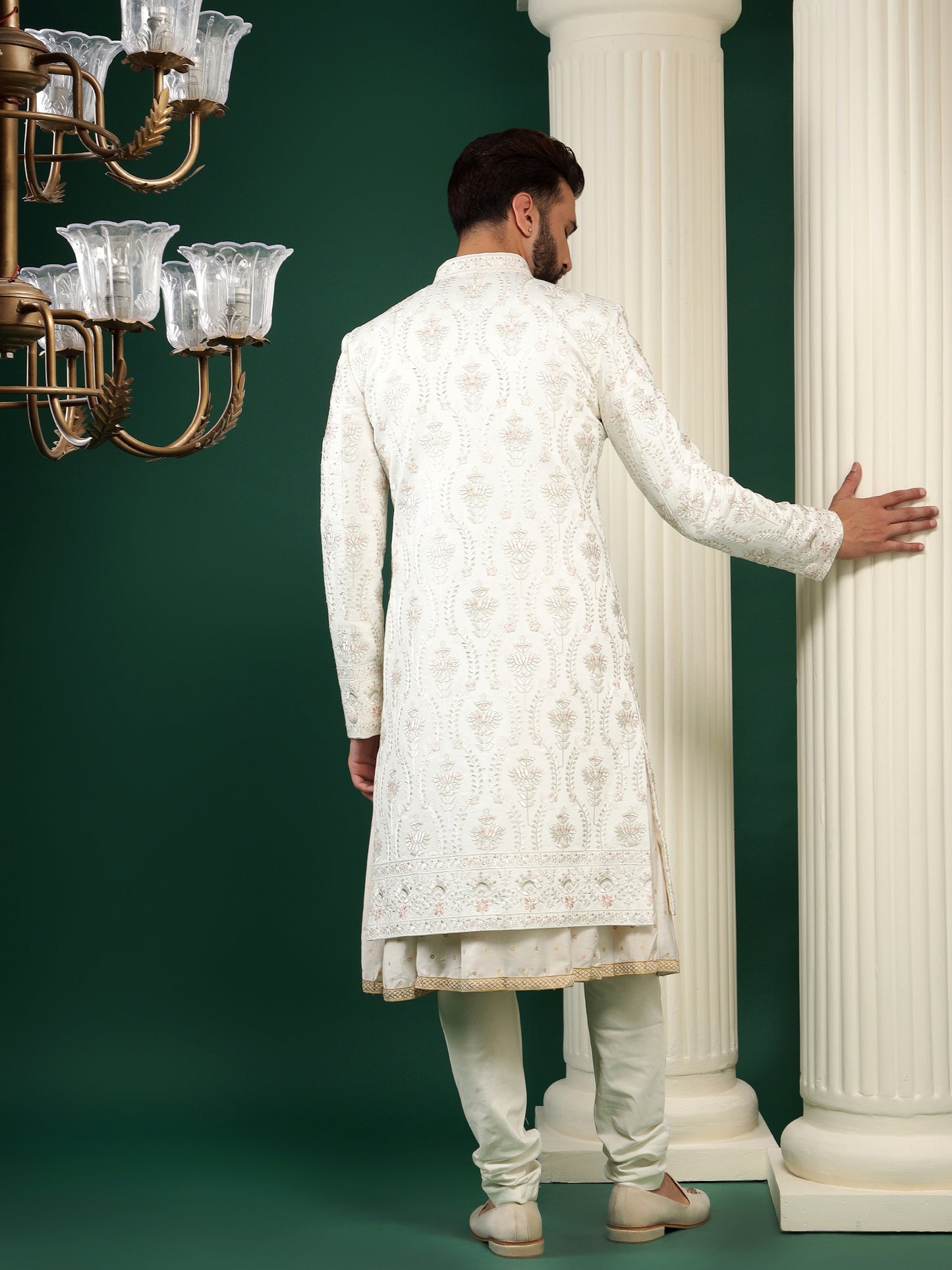 SHELL WHITE SHERWANI SET WITH ANTIQUE FLORAL EMBROIDERY