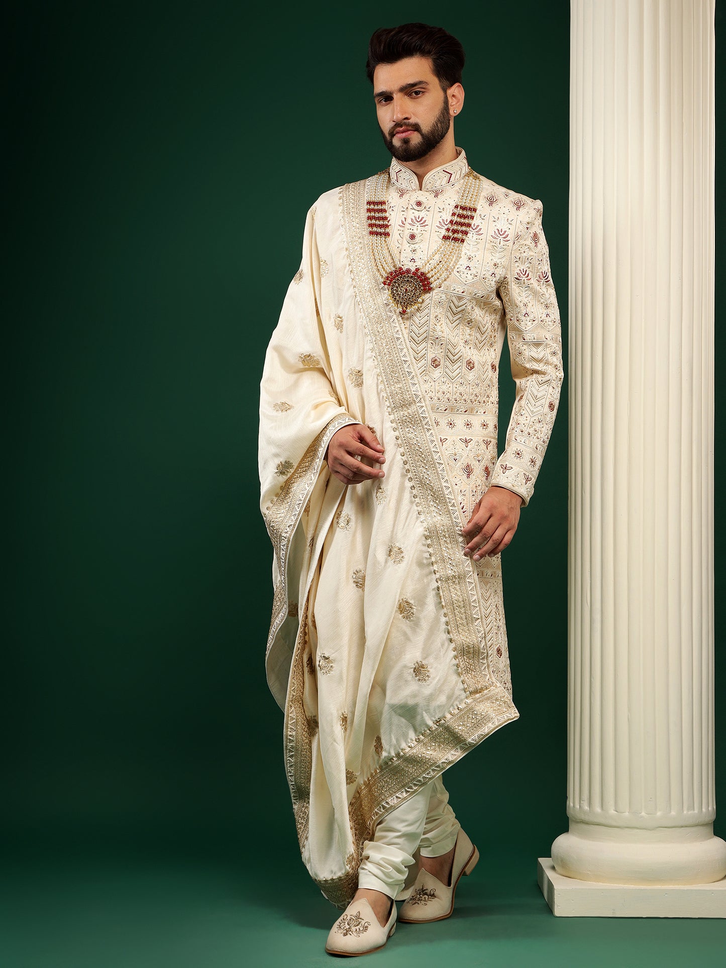 CLASSY CREAM SHERWANI WITH CONTRASTING MOTIFS