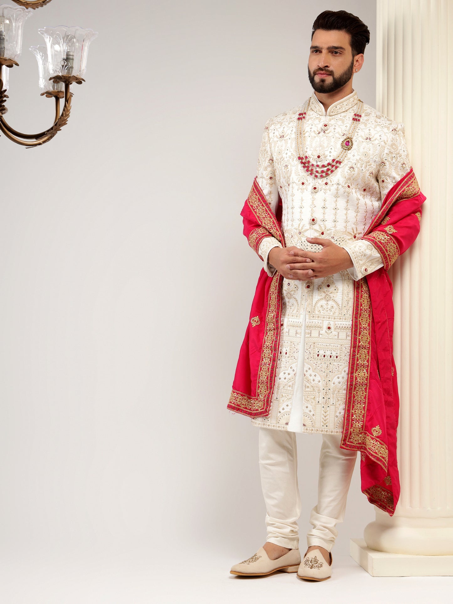 ELEGANT OFF WHITE RAW SILK SHERWANI SET