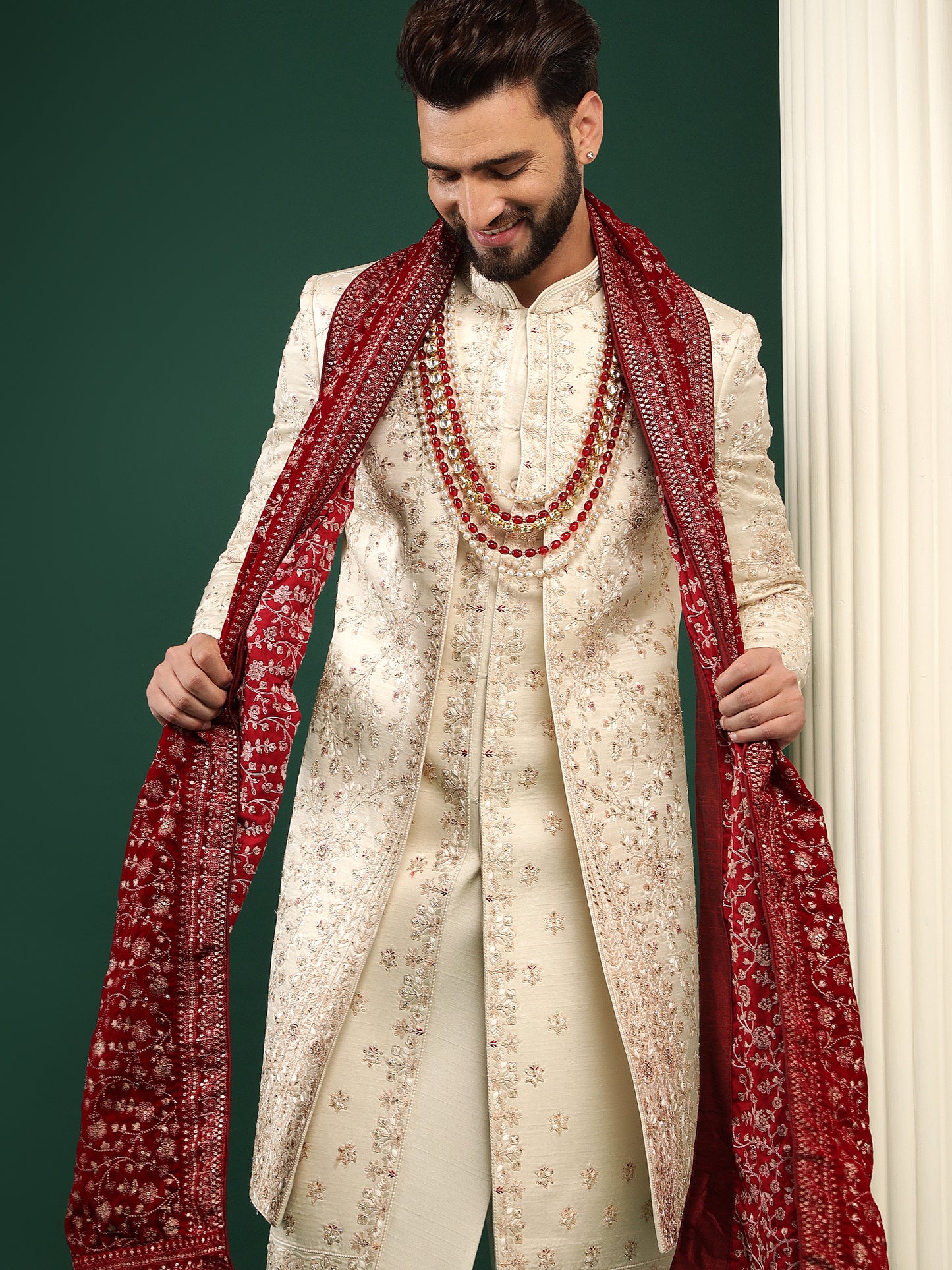 PALE GOLD JACKET STYLE SHERWANI WITH ALL OVER WORK