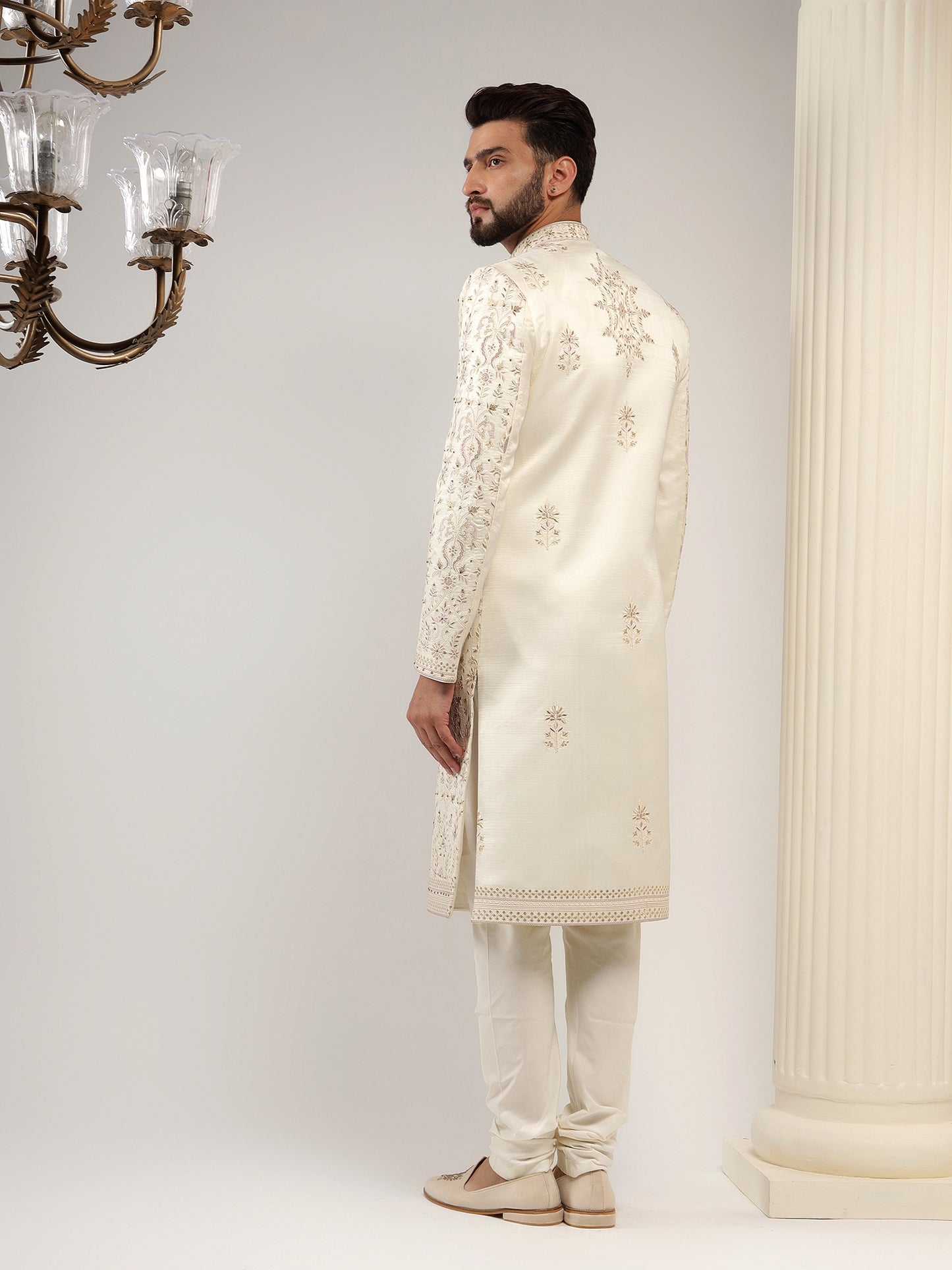 LIGHT CREAM SHERWANI WITH GRAPE PURPLE EMBROIDERY