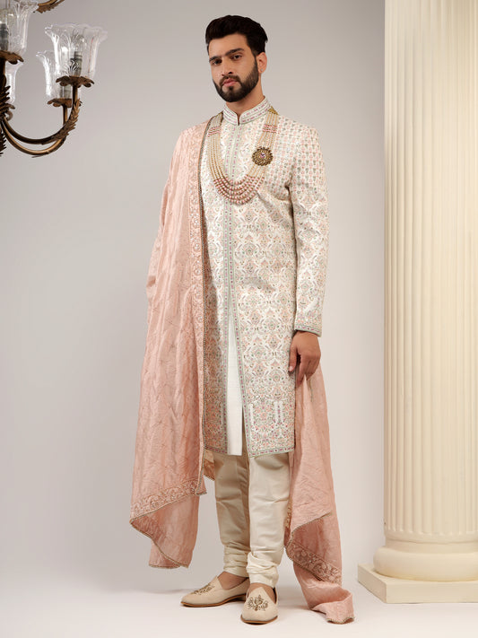 PEARL WHITE SHERWANI WITH BLUSH PINK EMBROIDERY