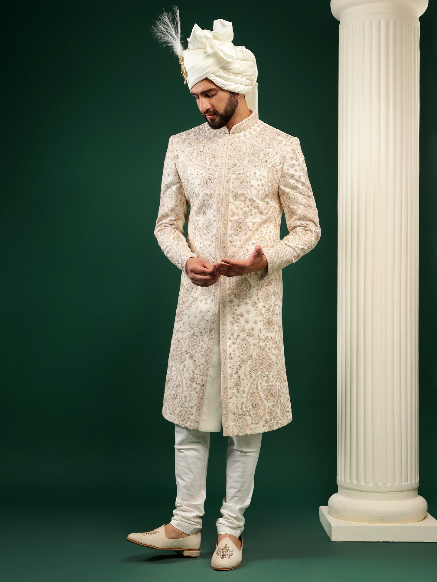 PASTEL CREAM PAISLEY PATTERN SHERWANI SET