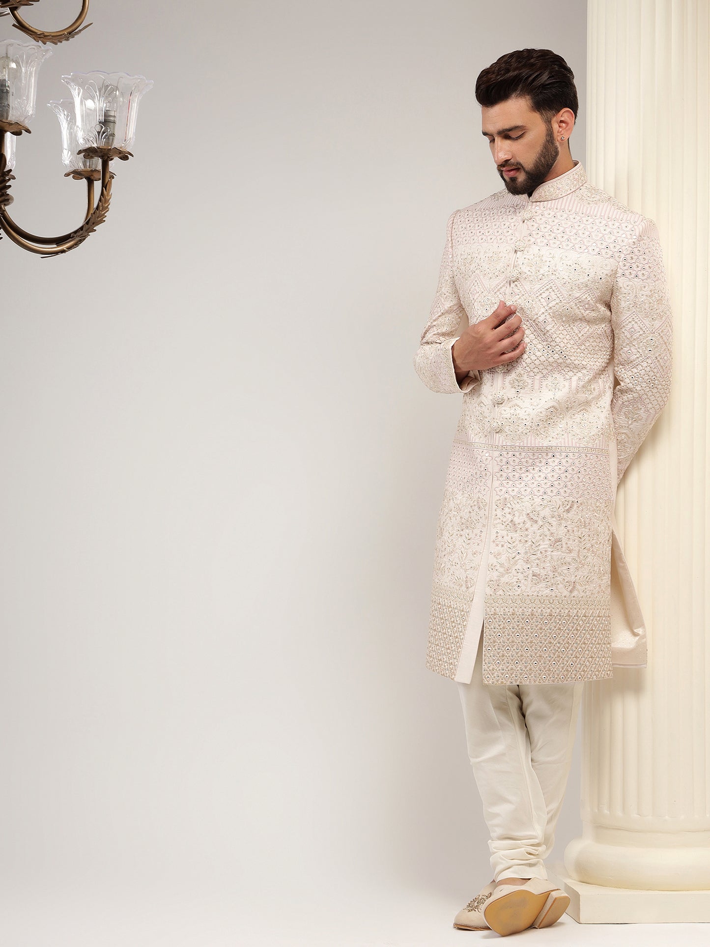 LIGHT PINK COLOR MIRROR WORK SHERWANI SET