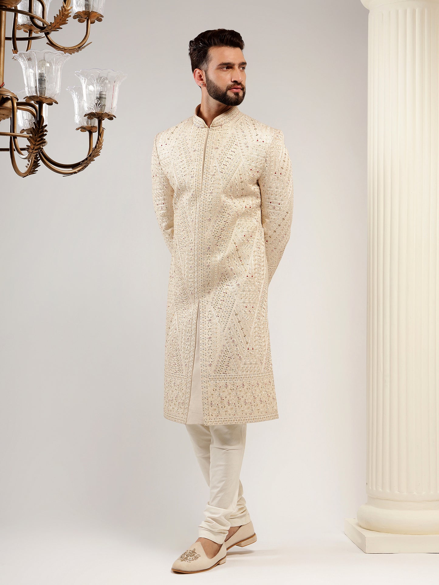 BEIGE SHERWANI SET WITH HEAVY EMBROIDERY WORK