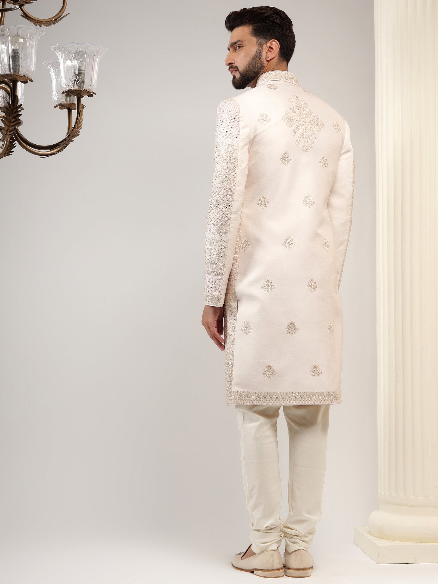 LIGHT PINK COLOR MIRROR WORK SHERWANI SET