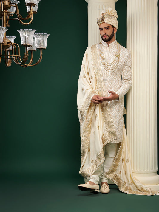 CLOUD CREAM MEDALLION PATTERN SHERWANI SET