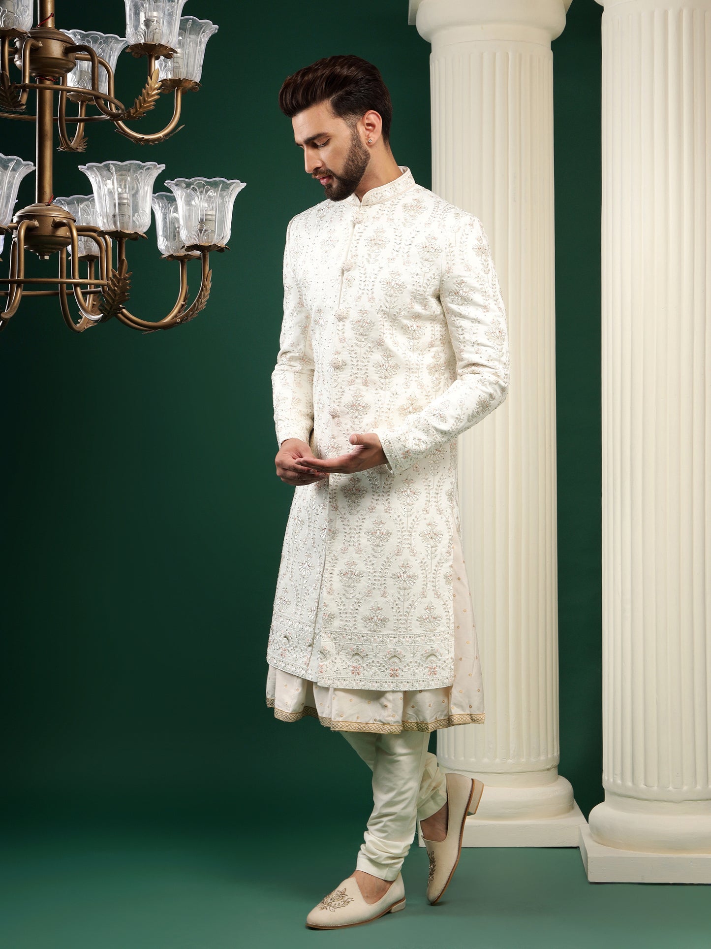 SHELL WHITE SHERWANI SET WITH ANTIQUE FLORAL EMBROIDERY