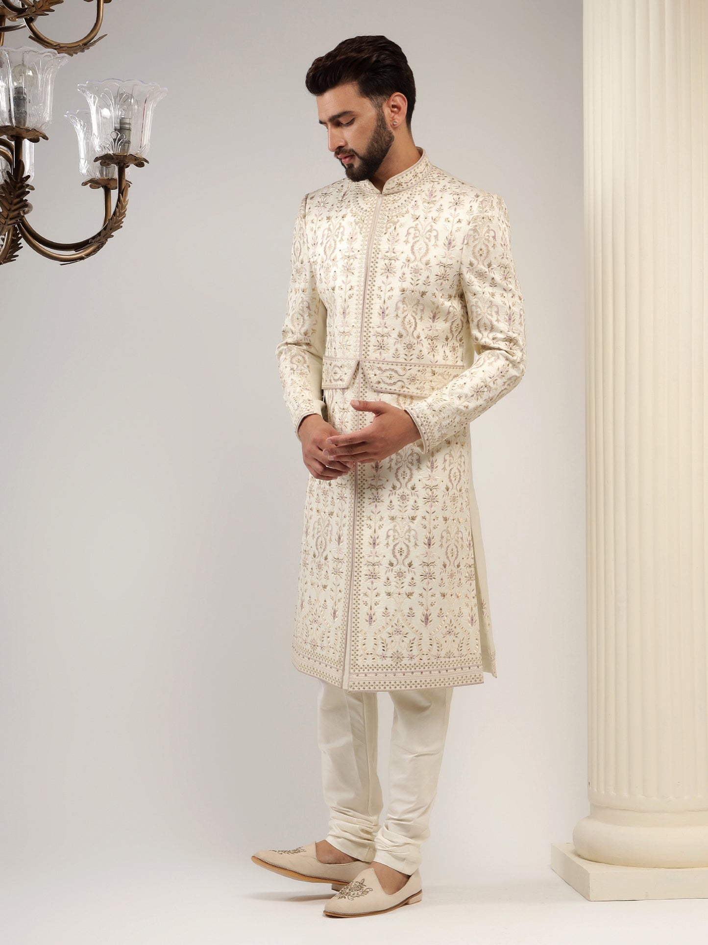 LIGHT CREAM SHERWANI WITH GRAPE PURPLE EMBROIDERY