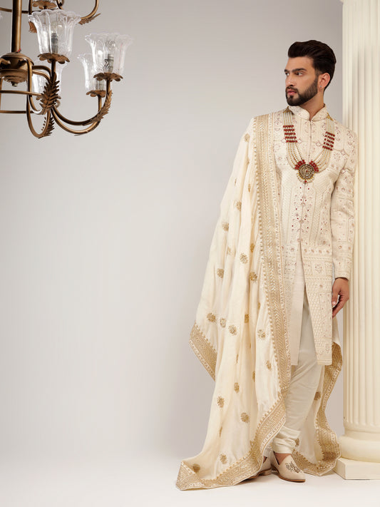 CLASSY FAWN GOLD COLOR SHERWANI WITH HEAVY EMBROIDERY