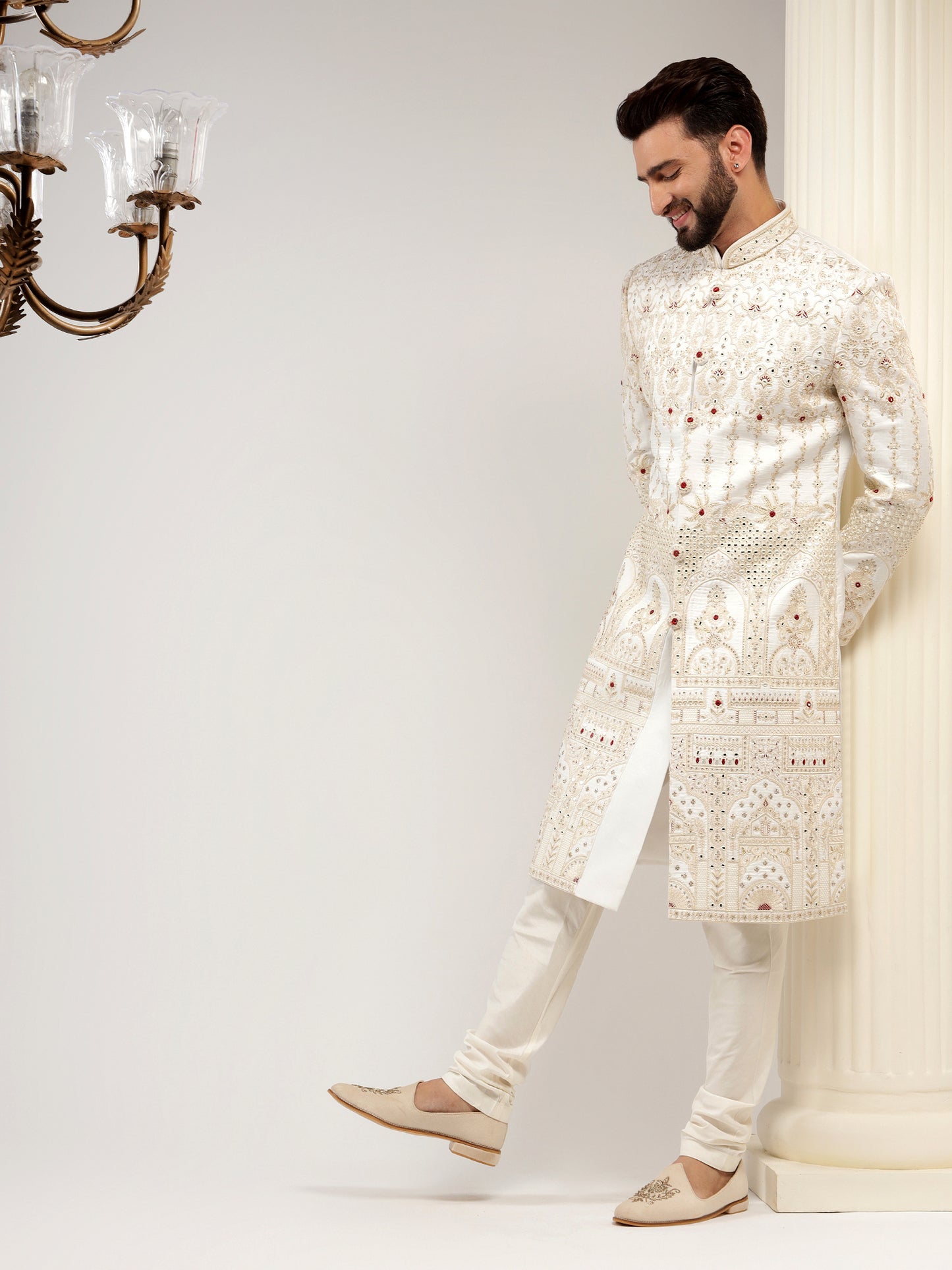 ELEGANT OFF WHITE RAW SILK SHERWANI SET