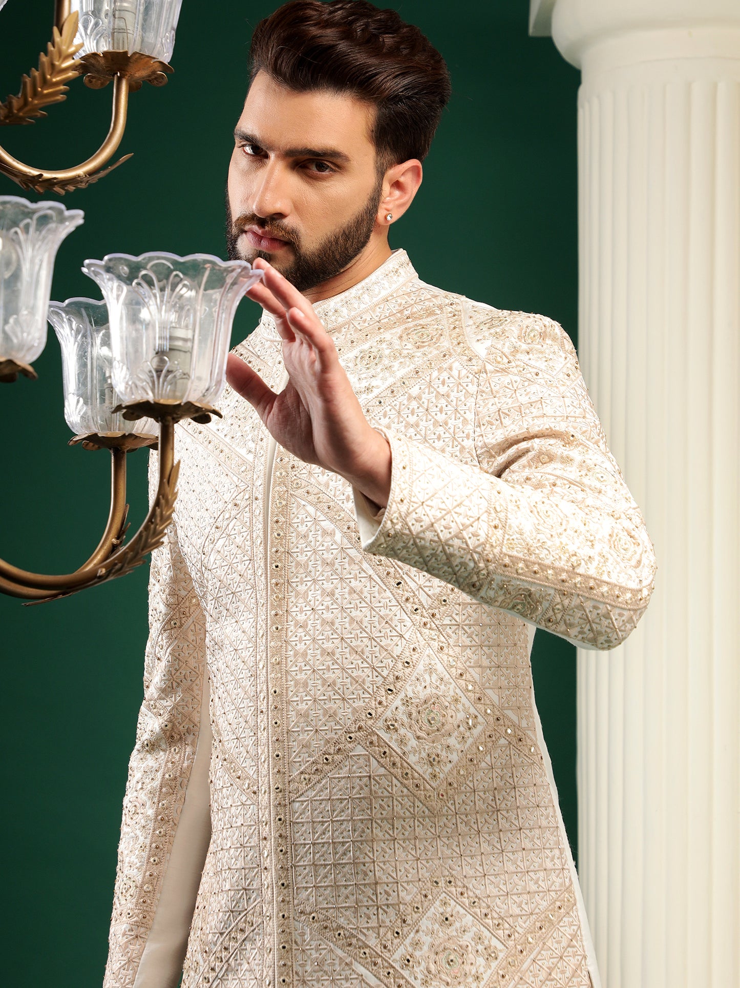 SUBTLE CREAM BIEGE PATTERNED EMBROIDERY SHERWANI SET