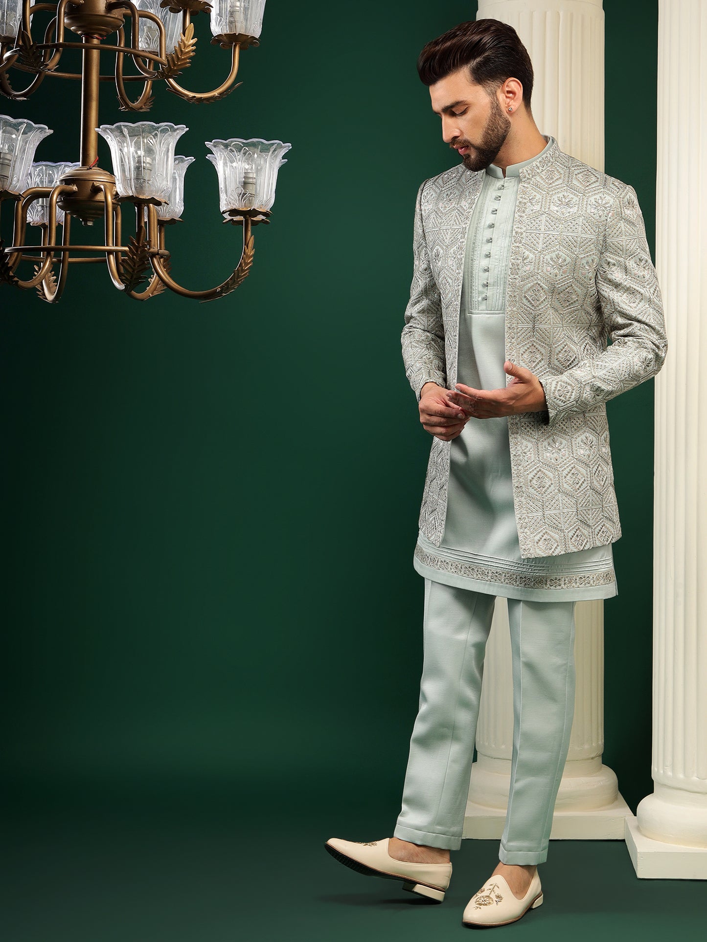 MINT GREEN COLOR INDOWESTERN SET WITH MATCHING KURTA