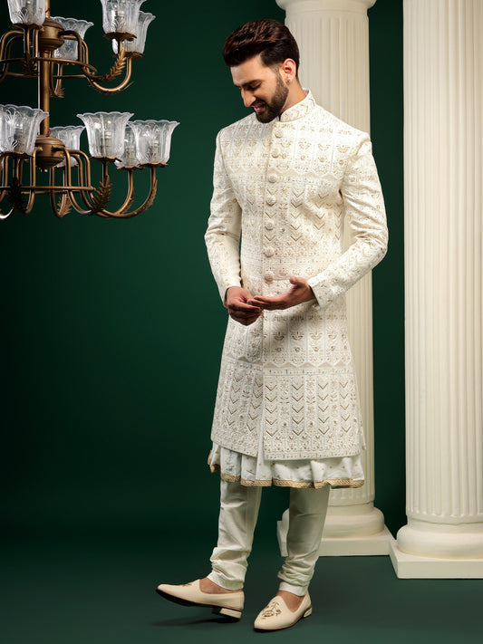 BRIGHT CREAM SHERWANI WITH ROYAL GOLD EMBROIDERY