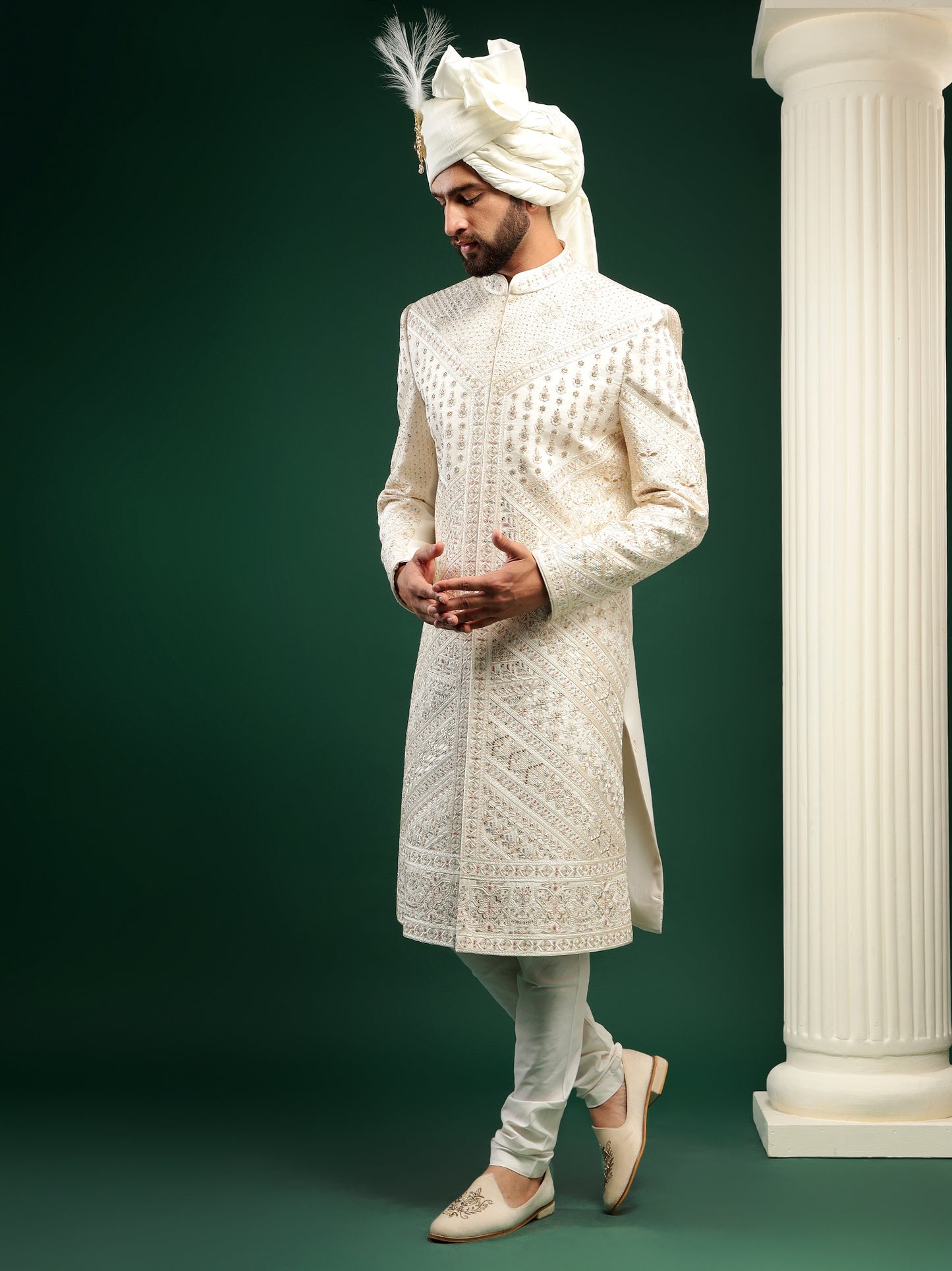 IVORY CREAM PINK FLORAL AND PAISELY PATTERNED SHERWANI SET