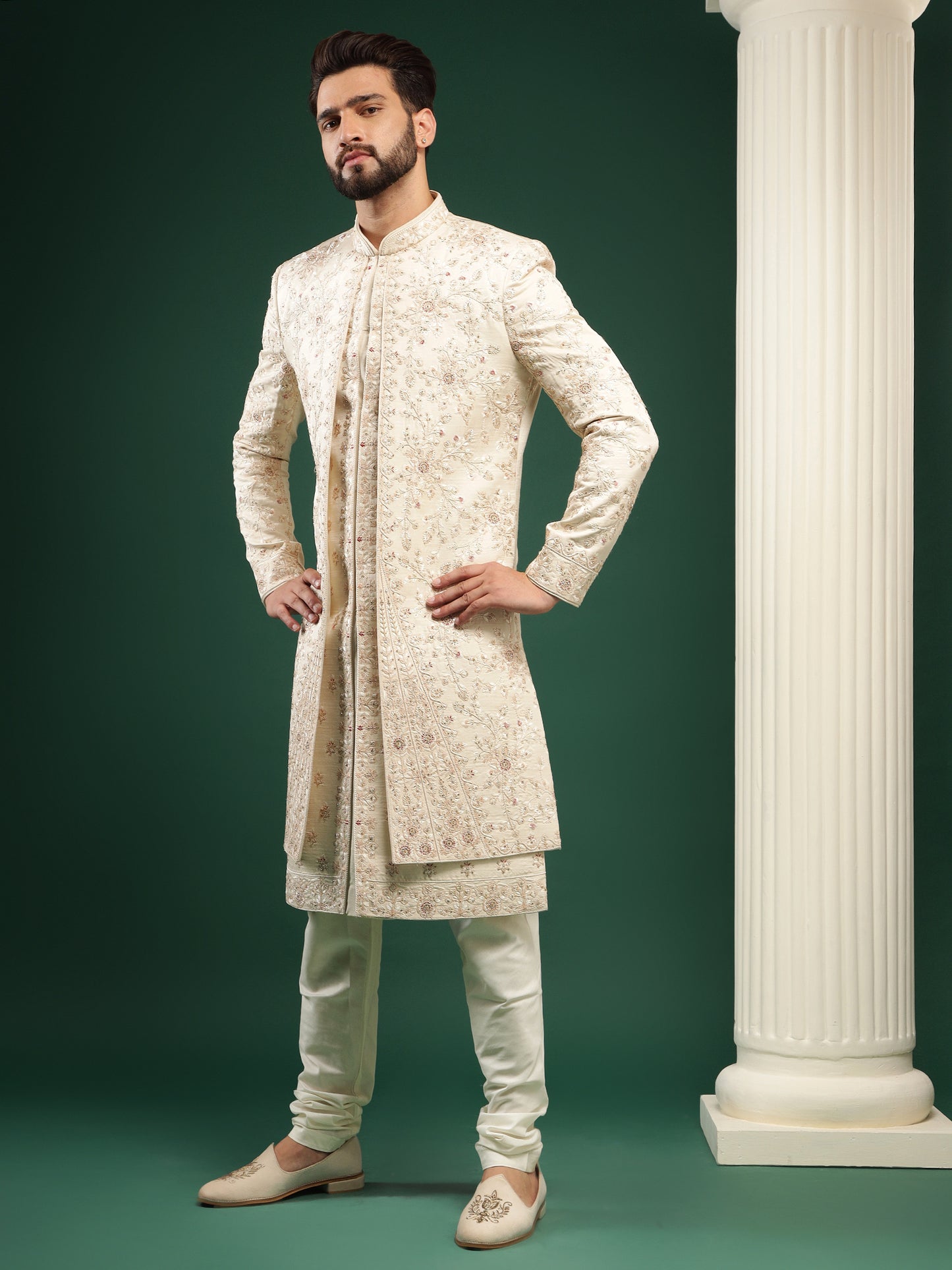 PALE GOLD JACKET STYLE SHERWANI WITH ALL OVER WORK