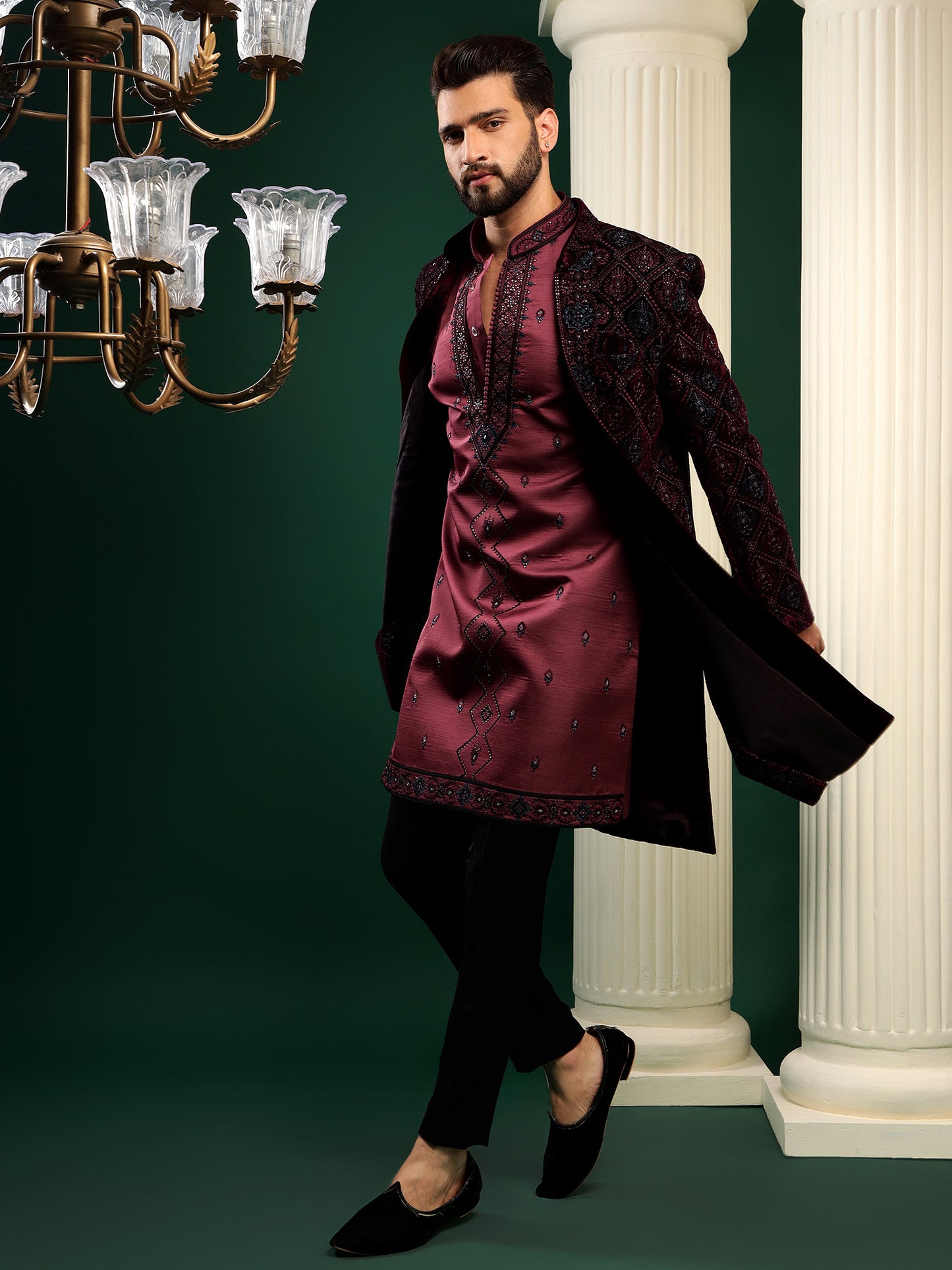 DEEP WINE STONE EMBELLISHED INDOWESTERN SET