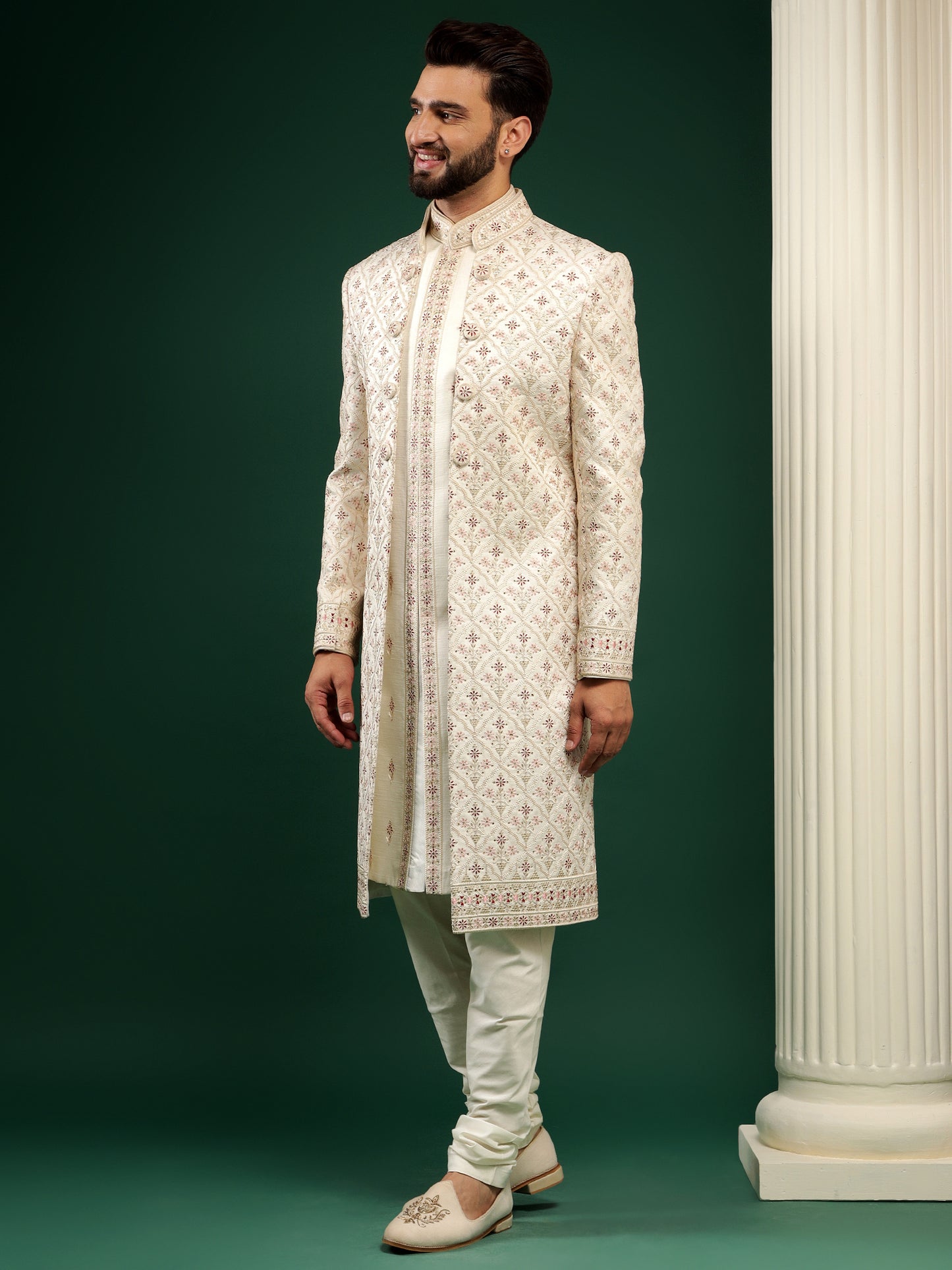 CHARM WHITE GEOMETRIC PATTERN ACHKAN STYLE SHERWANI SET