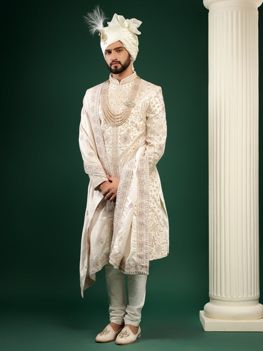 PASTEL CREAM PAISLEY PATTERN SHERWANI SET