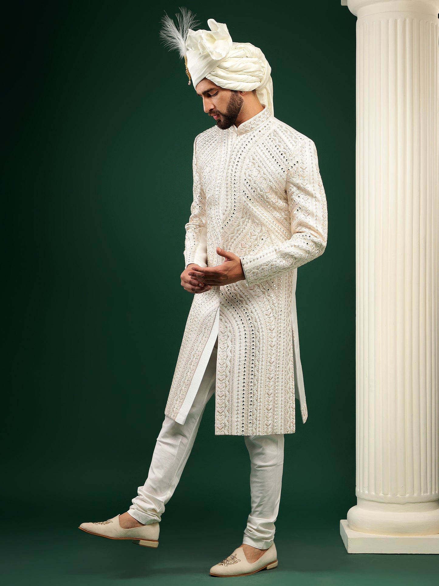 OFF WHITE COLOR MIRROR EMBELISHED SHERWANI SET