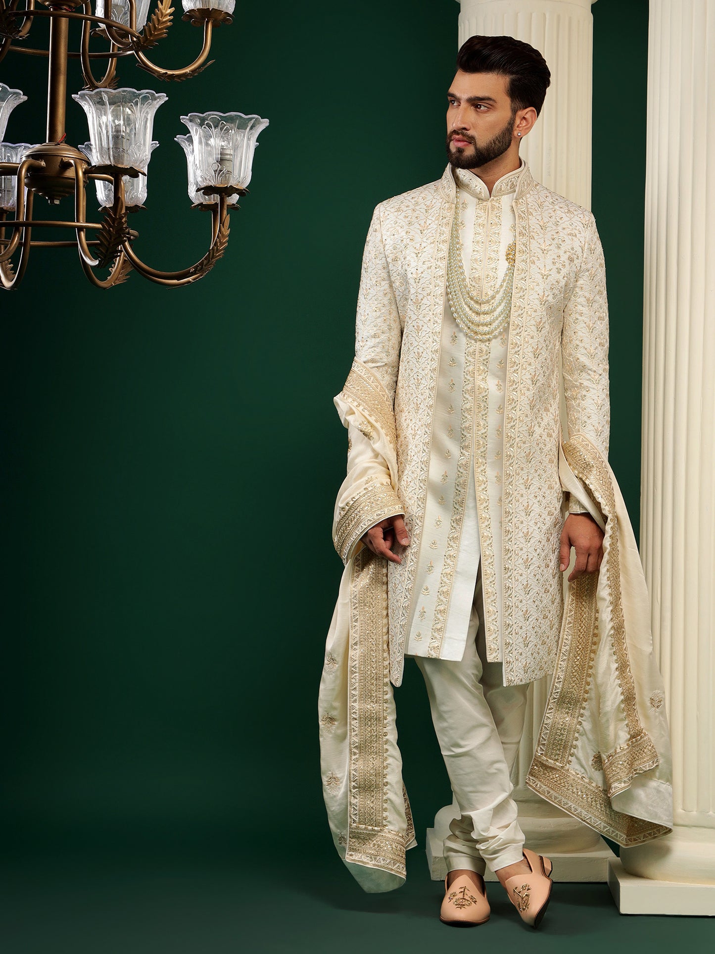 CREAM GOLD ACHKAN STYLE SHERWANI SET