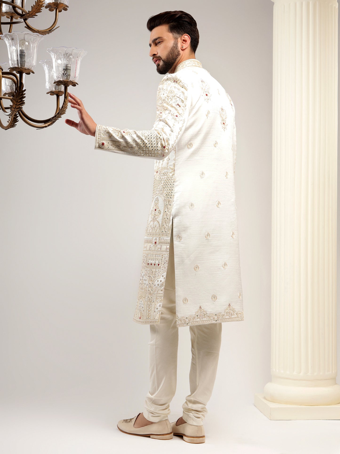 ELEGANT OFF WHITE RAW SILK SHERWANI SET