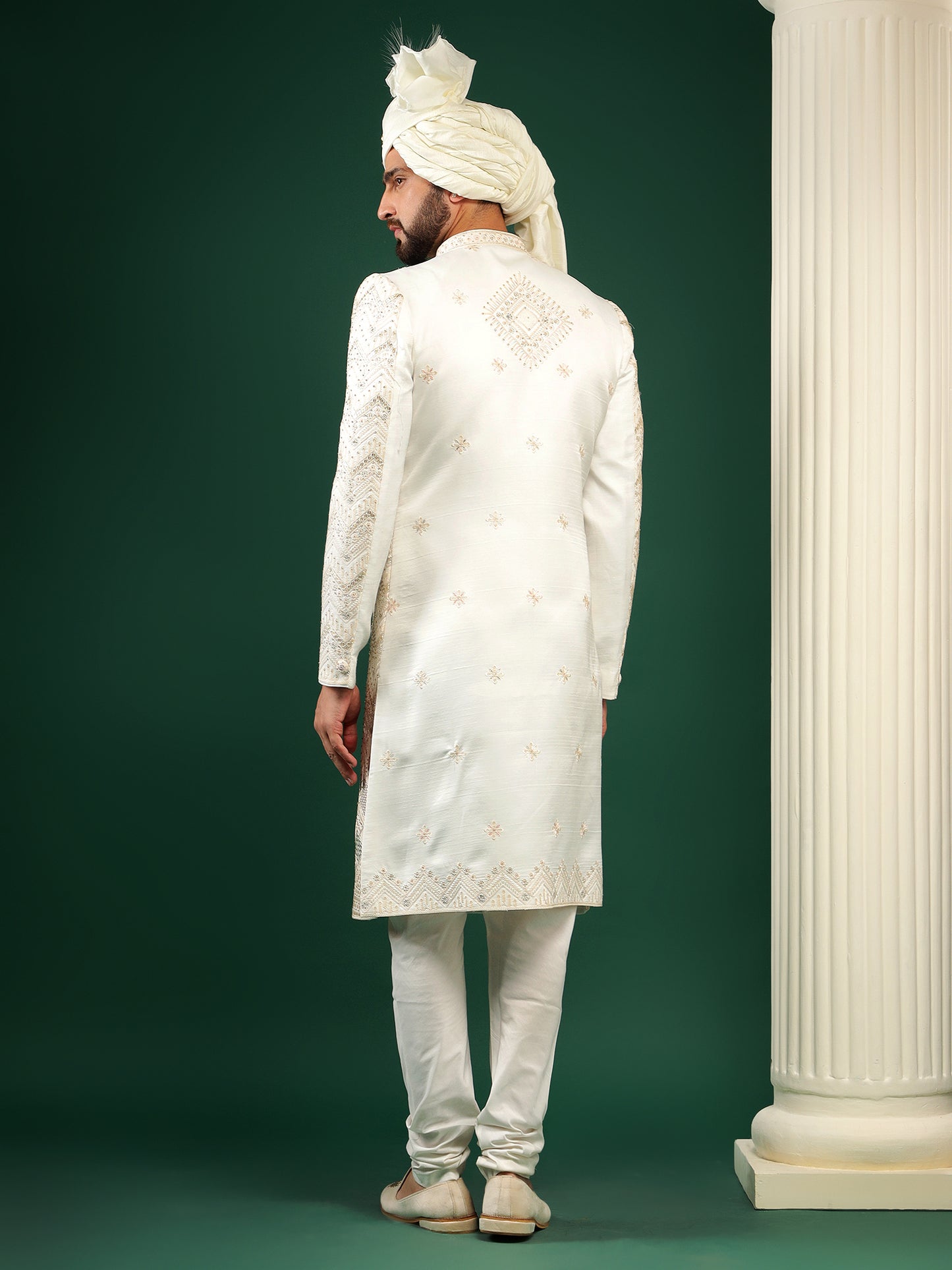 LIGHT CREAM SHERWANI WITH SELF PATTERN EMBROIDERY