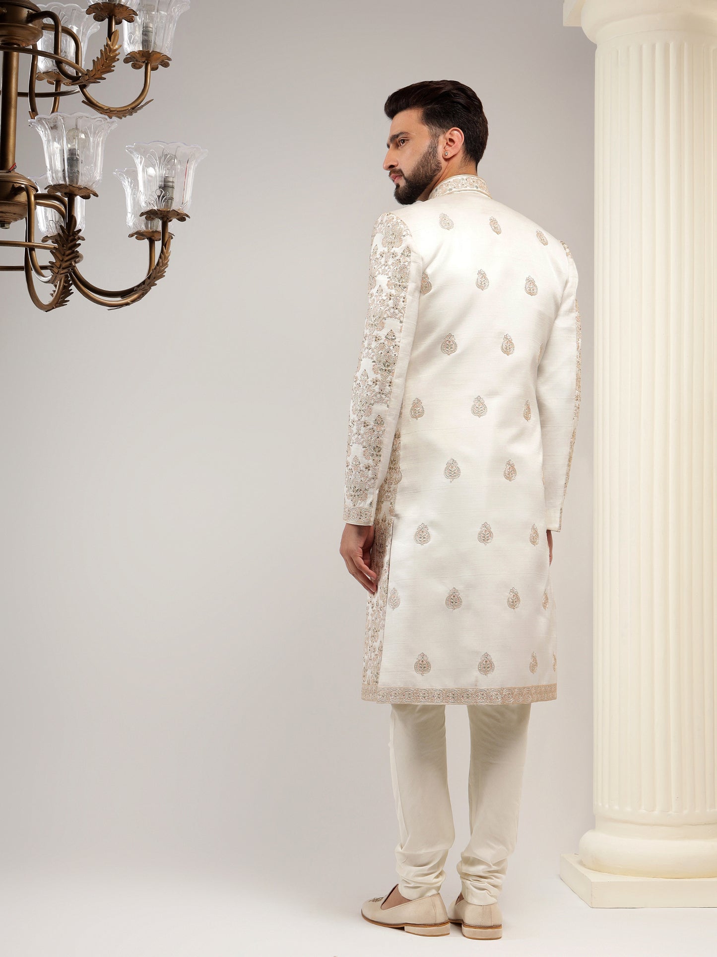 STYLISH CREAM SILK GROOM SHERWANI WITH THREADWORK EMBROIDERY