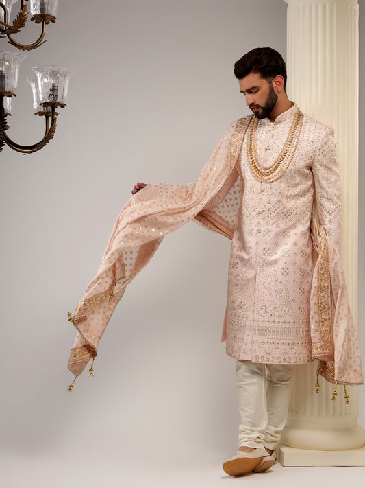 HAND EMBROIDERED RAW SILK LIGHT PINK SHERWANI SET