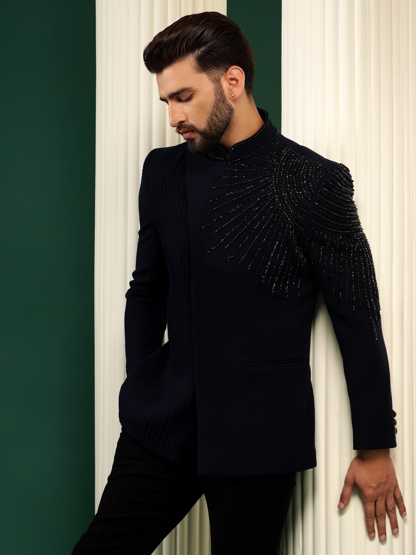 MIDNIGHT NAVY BLUE BANDHGALA SUIT WITH DESIGNER PANEL