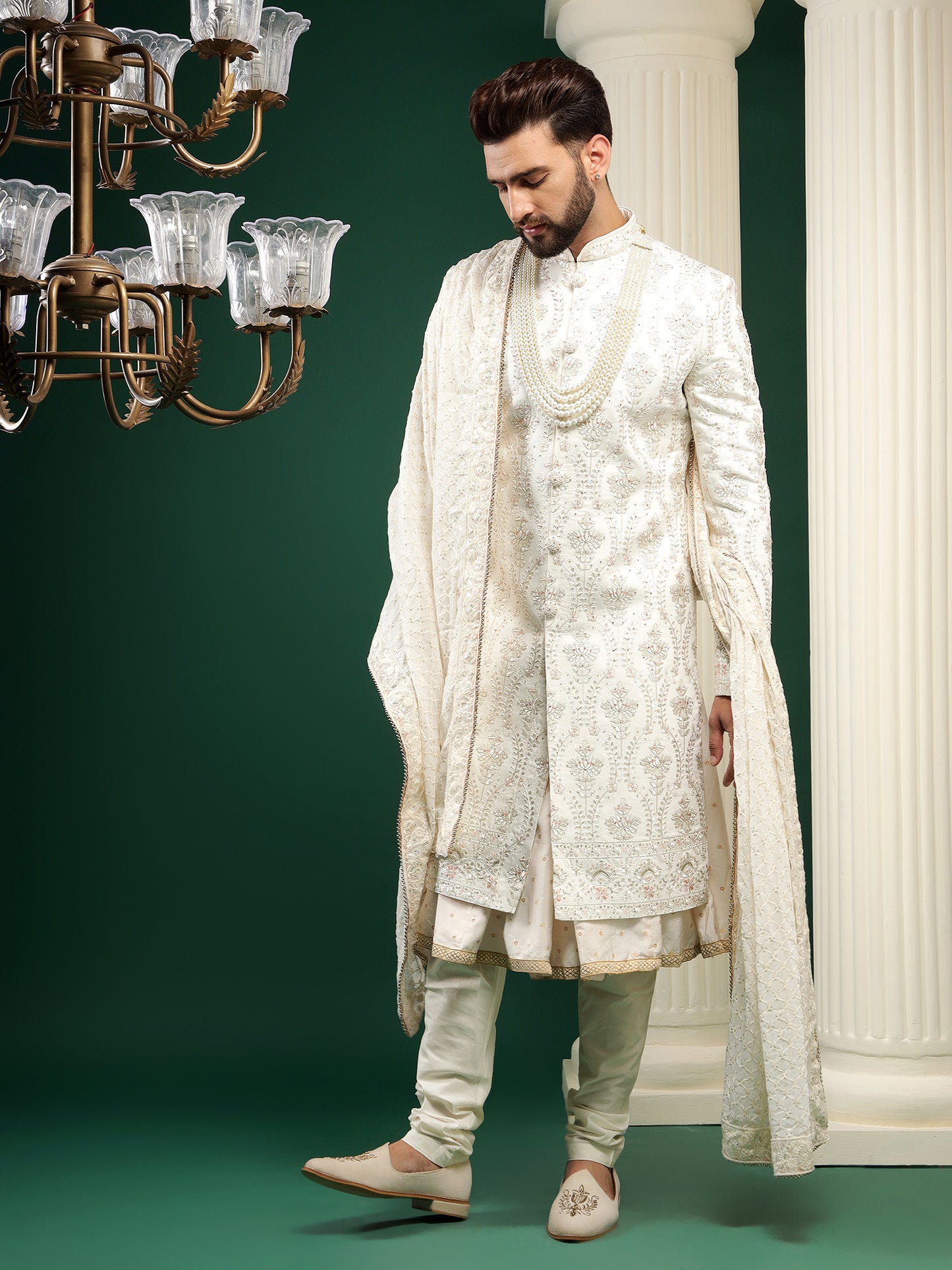 SHELL WHITE SHERWANI SET WITH ANTIQUE FLORAL EMBROIDERY