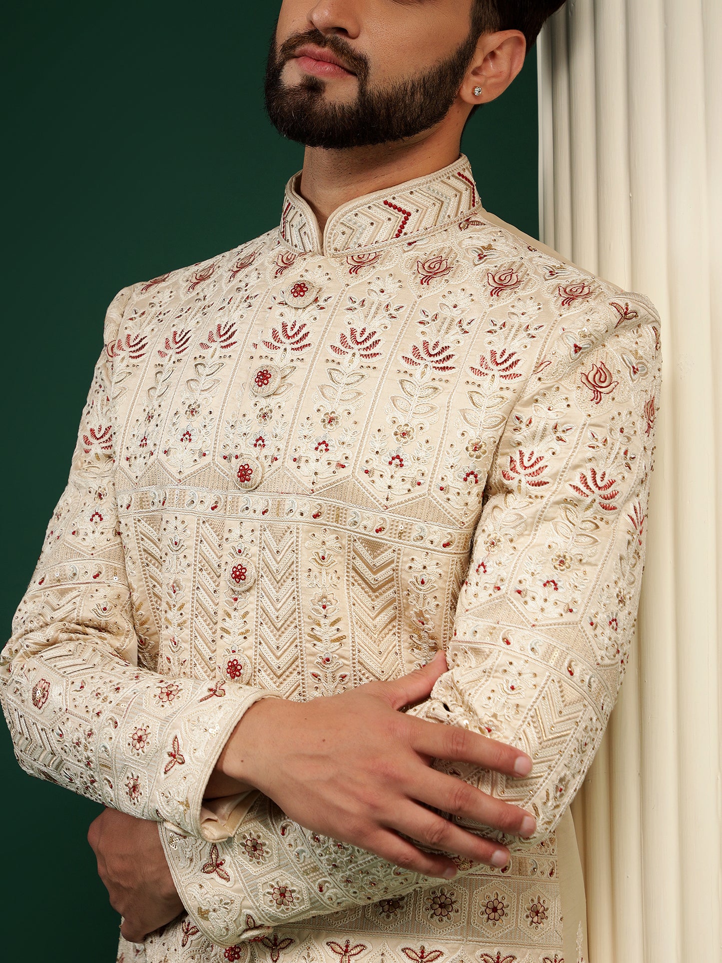 CLASSY CREAM SHERWANI WITH CONTRASTING MOTIFS