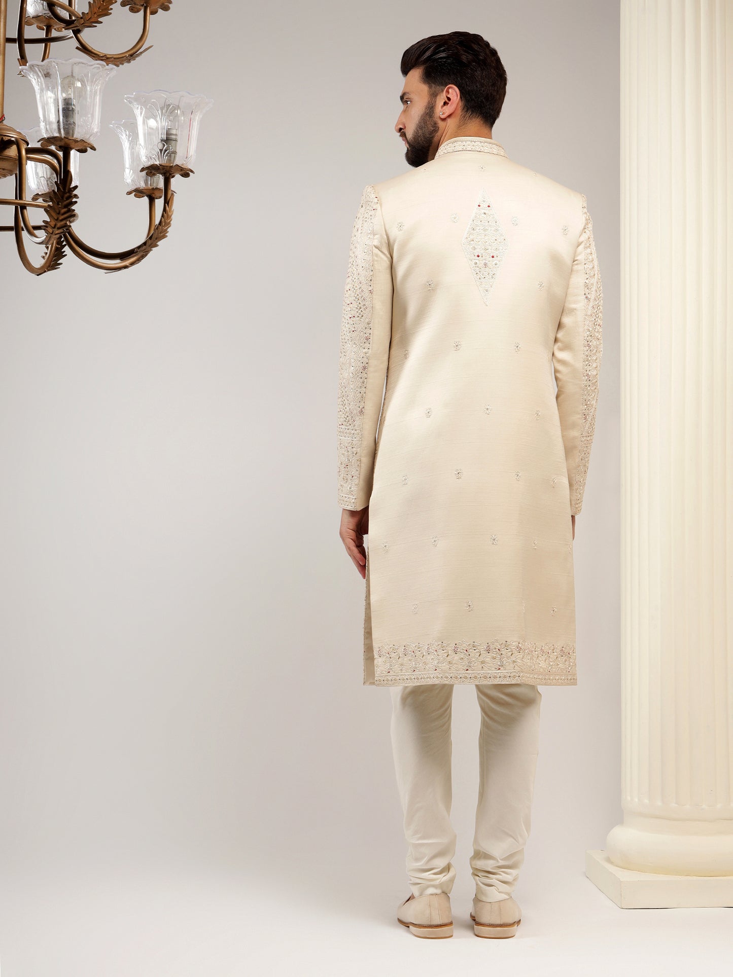 BEIGE SHERWANI SET WITH HEAVY EMBROIDERY WORK