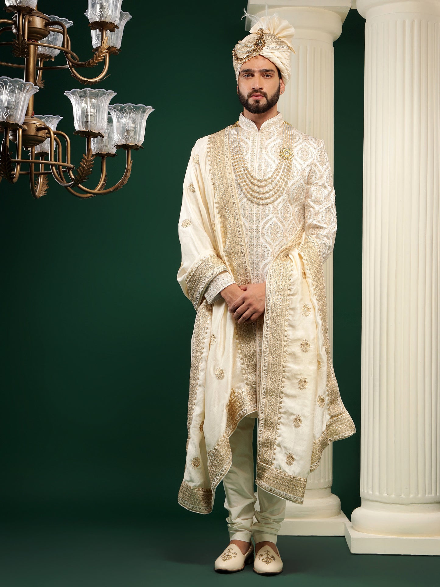 CLOUD CREAM MEDALLION PATTERN SHERWANI SET