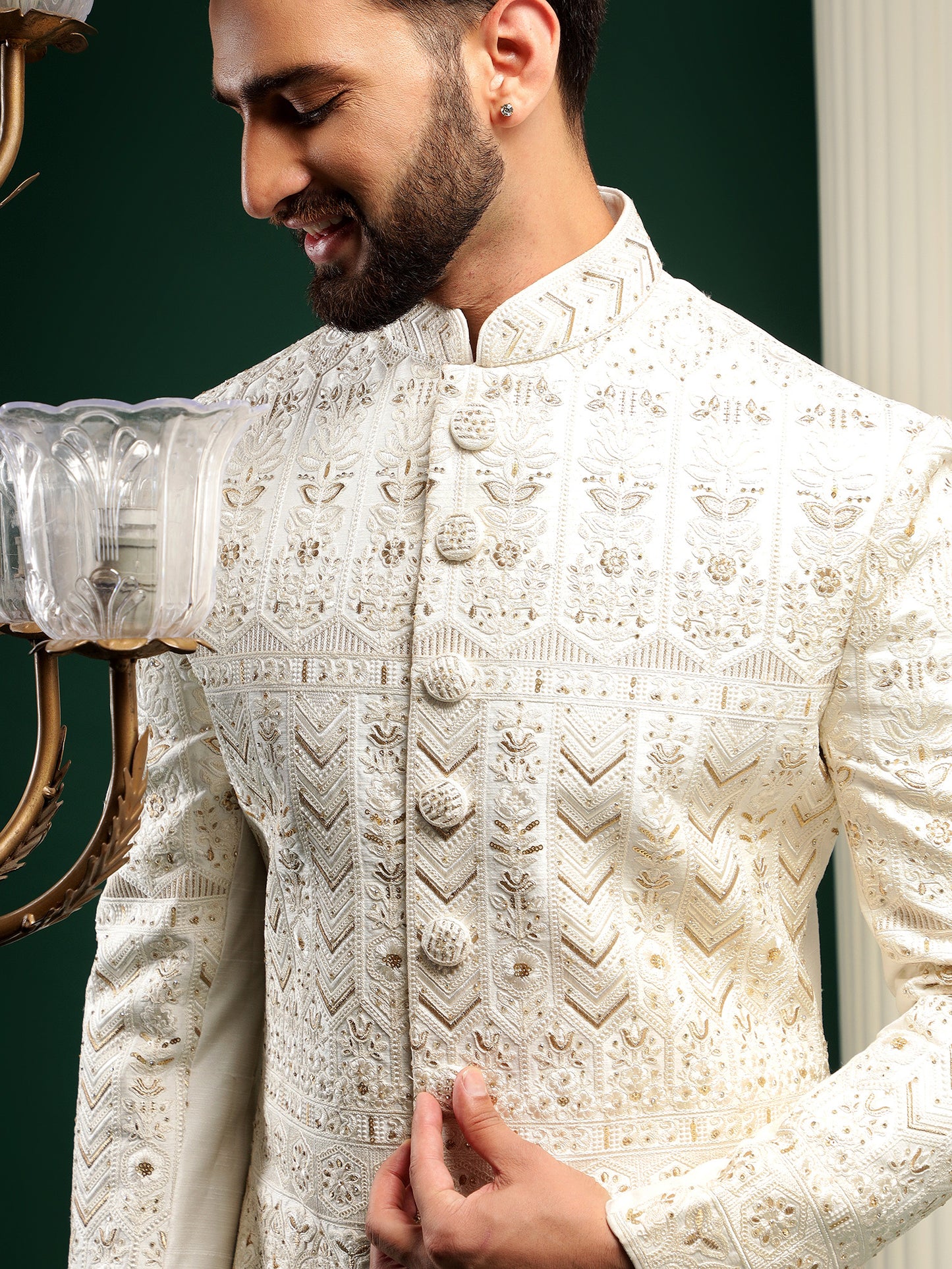 BRIGHT CREAM SHERWANI WITH ROYAL GOLD EMBROIDERY