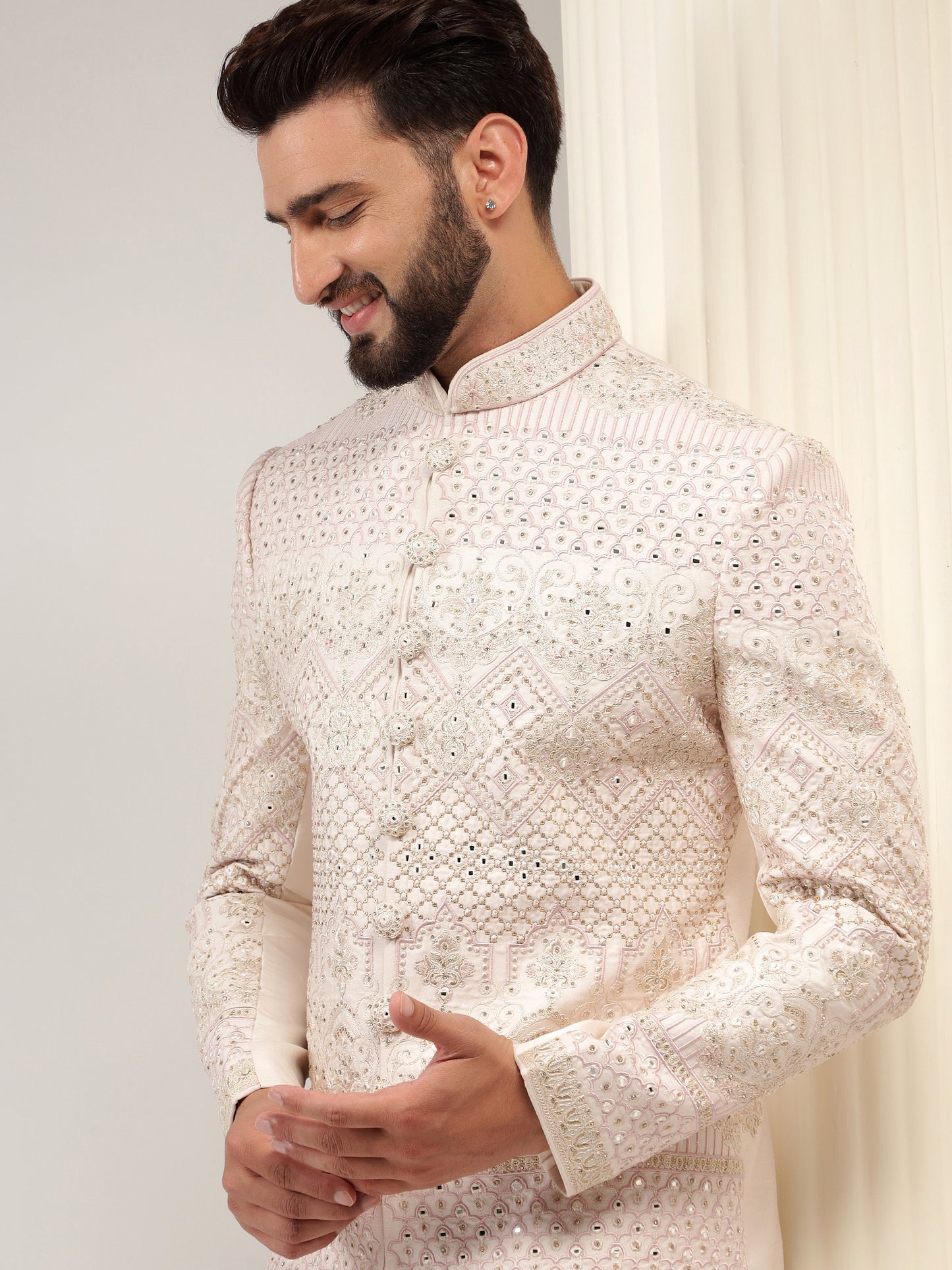 LIGHT PINK COLOR MIRROR WORK SHERWANI SET