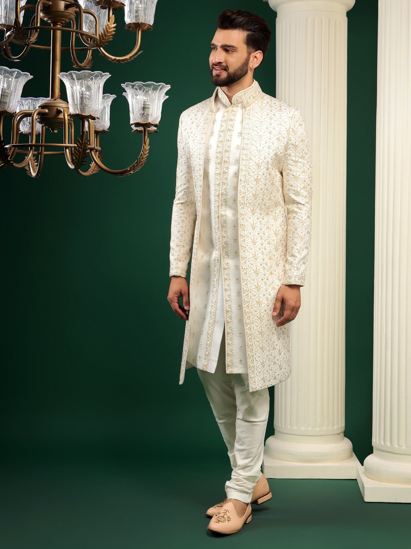 CREAM GOLD ACHKAN STYLE SHERWANI SET