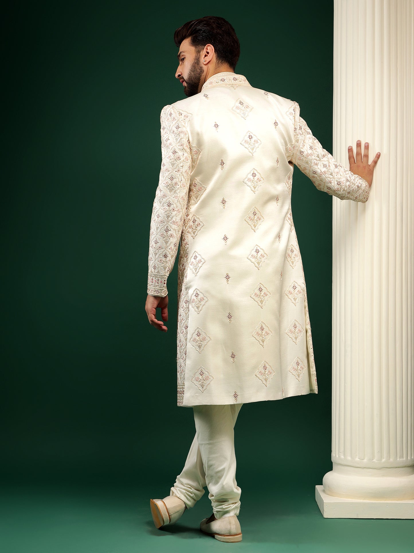 CHARM WHITE GEOMETRIC PATTERN ACHKAN STYLE SHERWANI SET