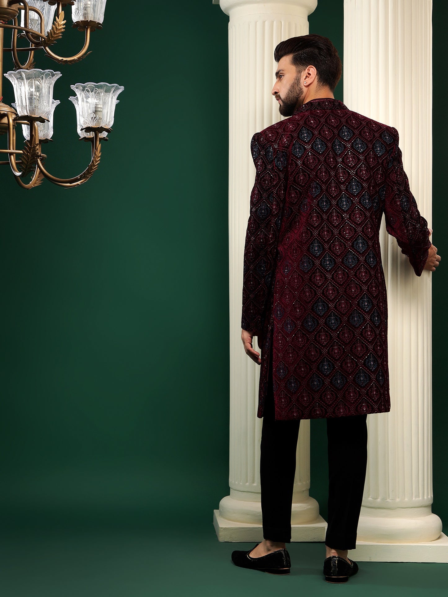 DEEP WINE STONE EMBELLISHED INDOWESTERN SET