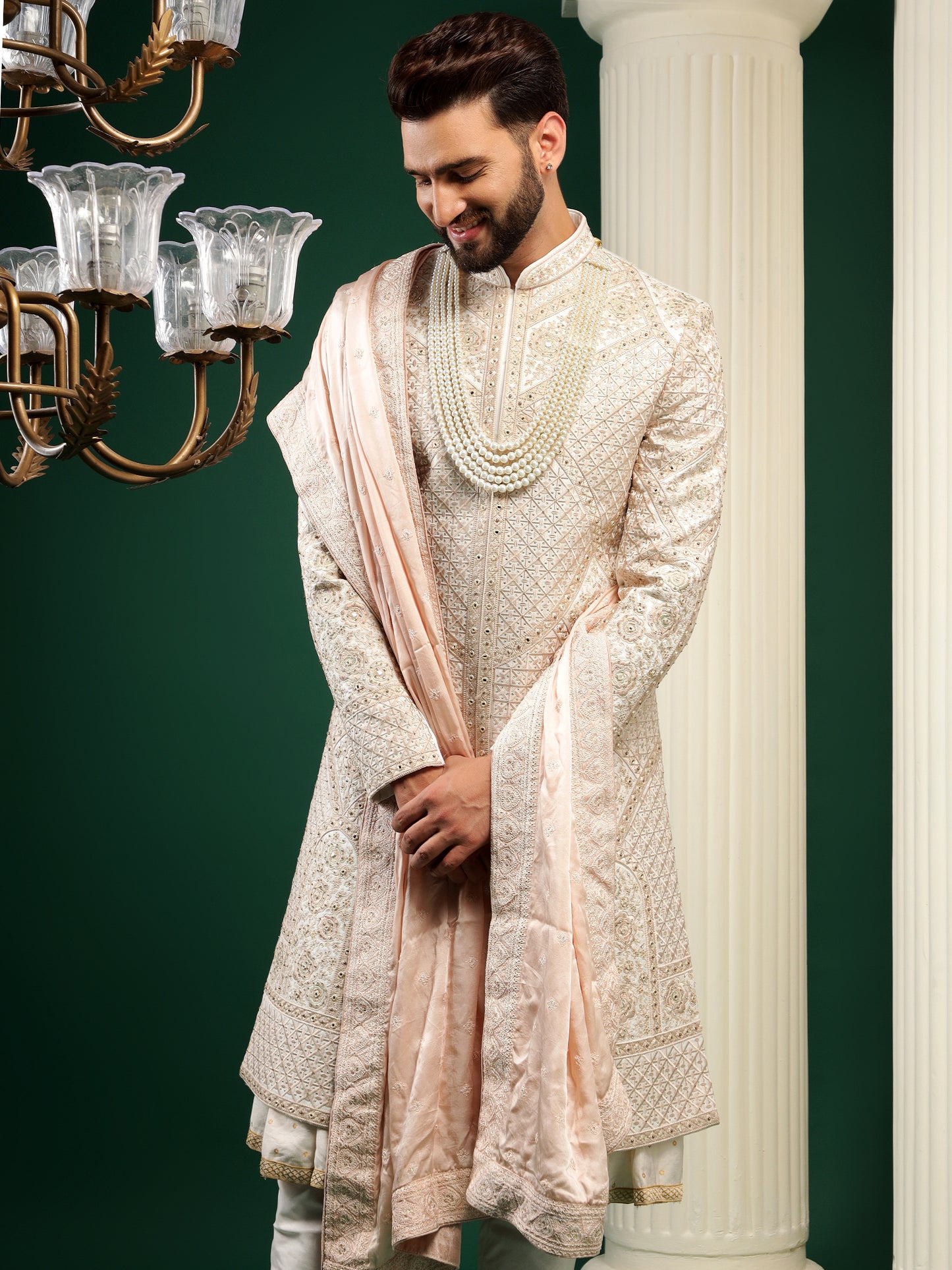 SUBTLE CREAM BIEGE PATTERNED EMBROIDERY SHERWANI SET