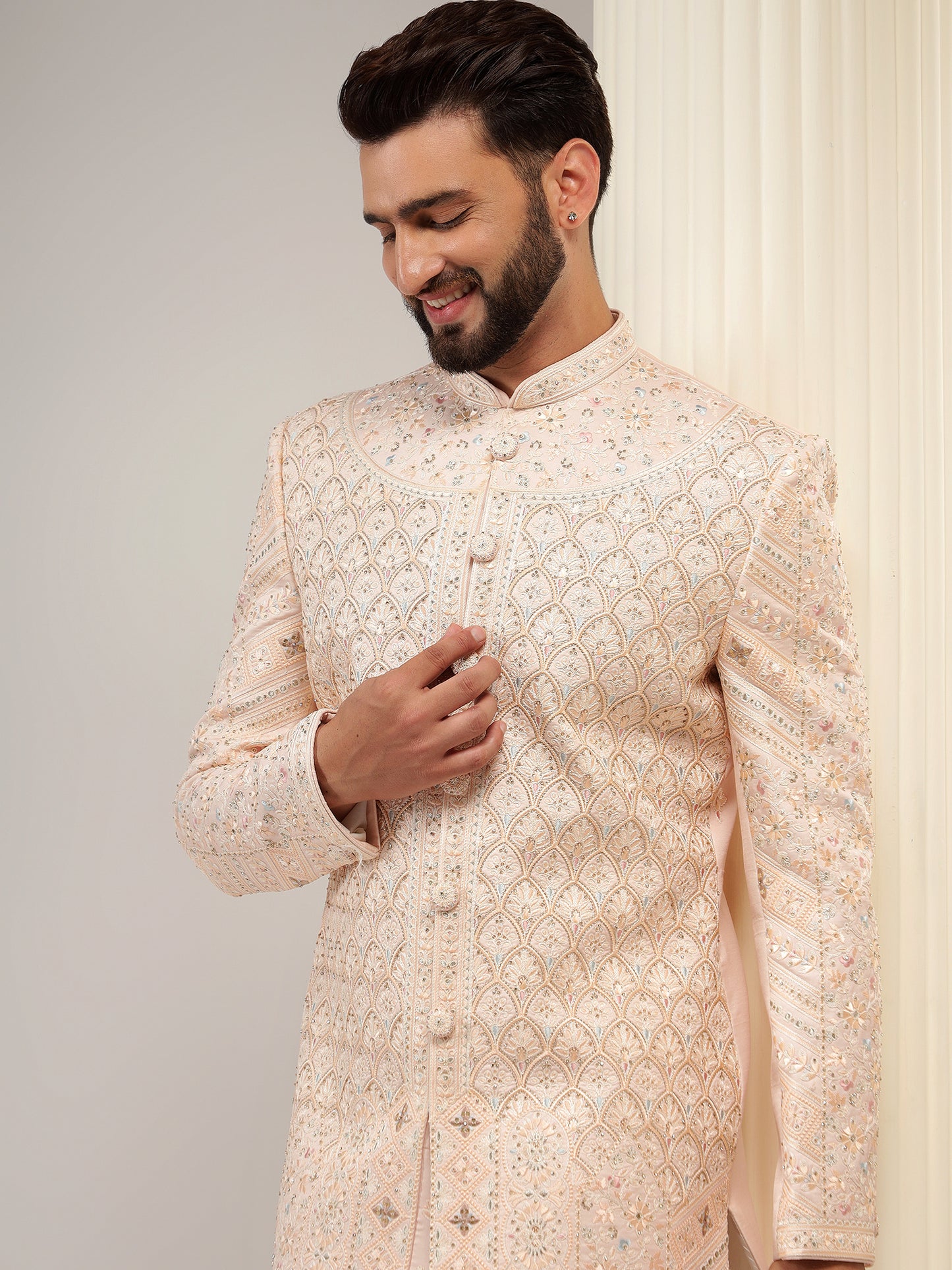 PEACH COLOR EMBROIDERY SHERWANI SET