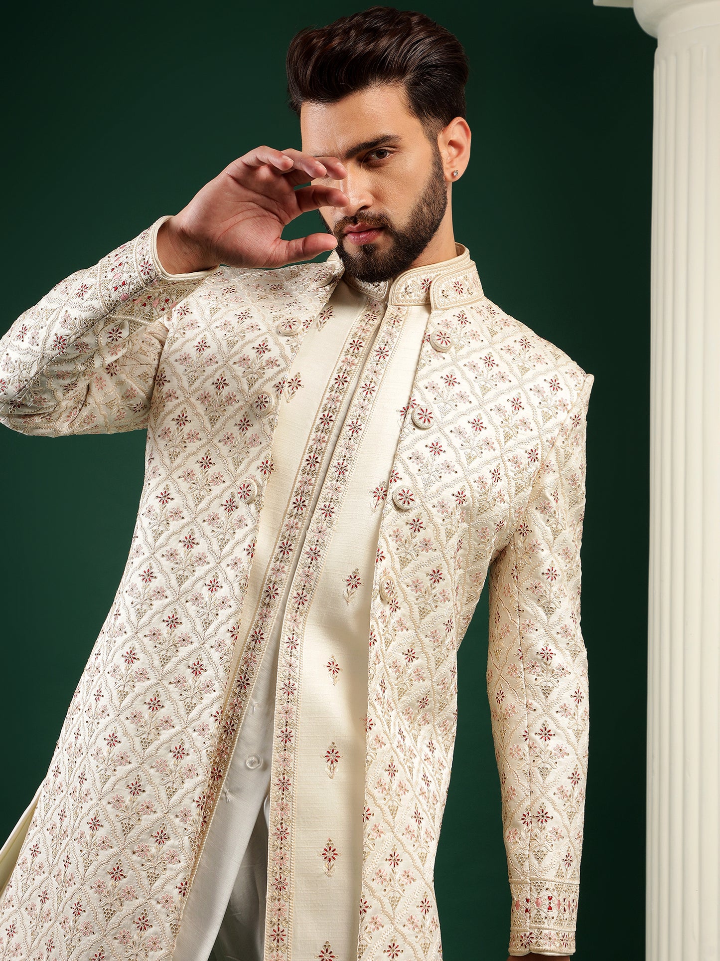 CHARM WHITE GEOMETRIC PATTERN ACHKAN STYLE SHERWANI SET